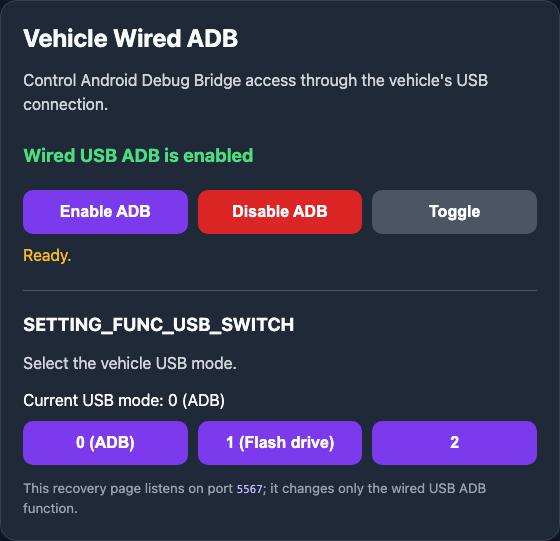 Browser control page for wired ADB and vehicle USB mode