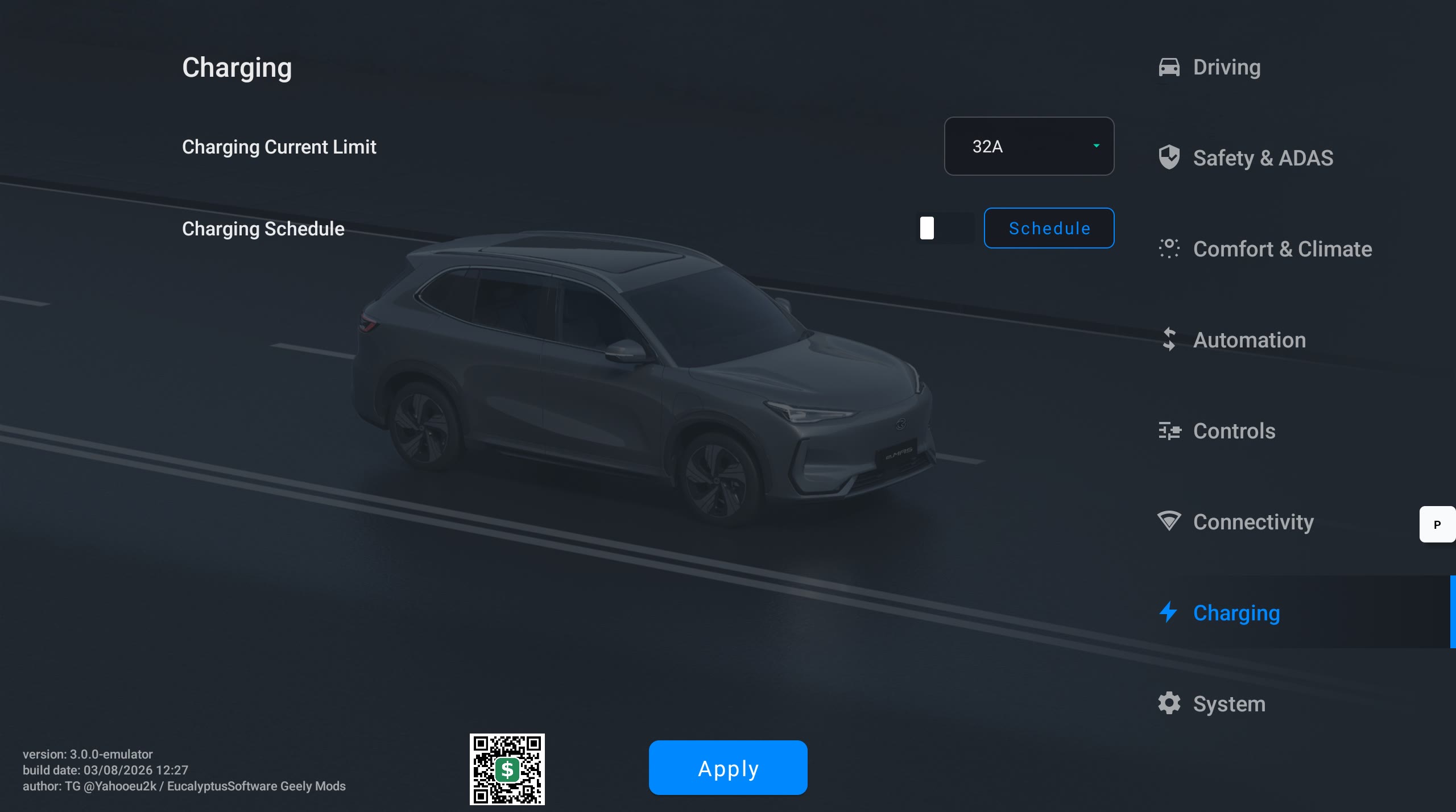 Geely Custom Profiles Charging menu