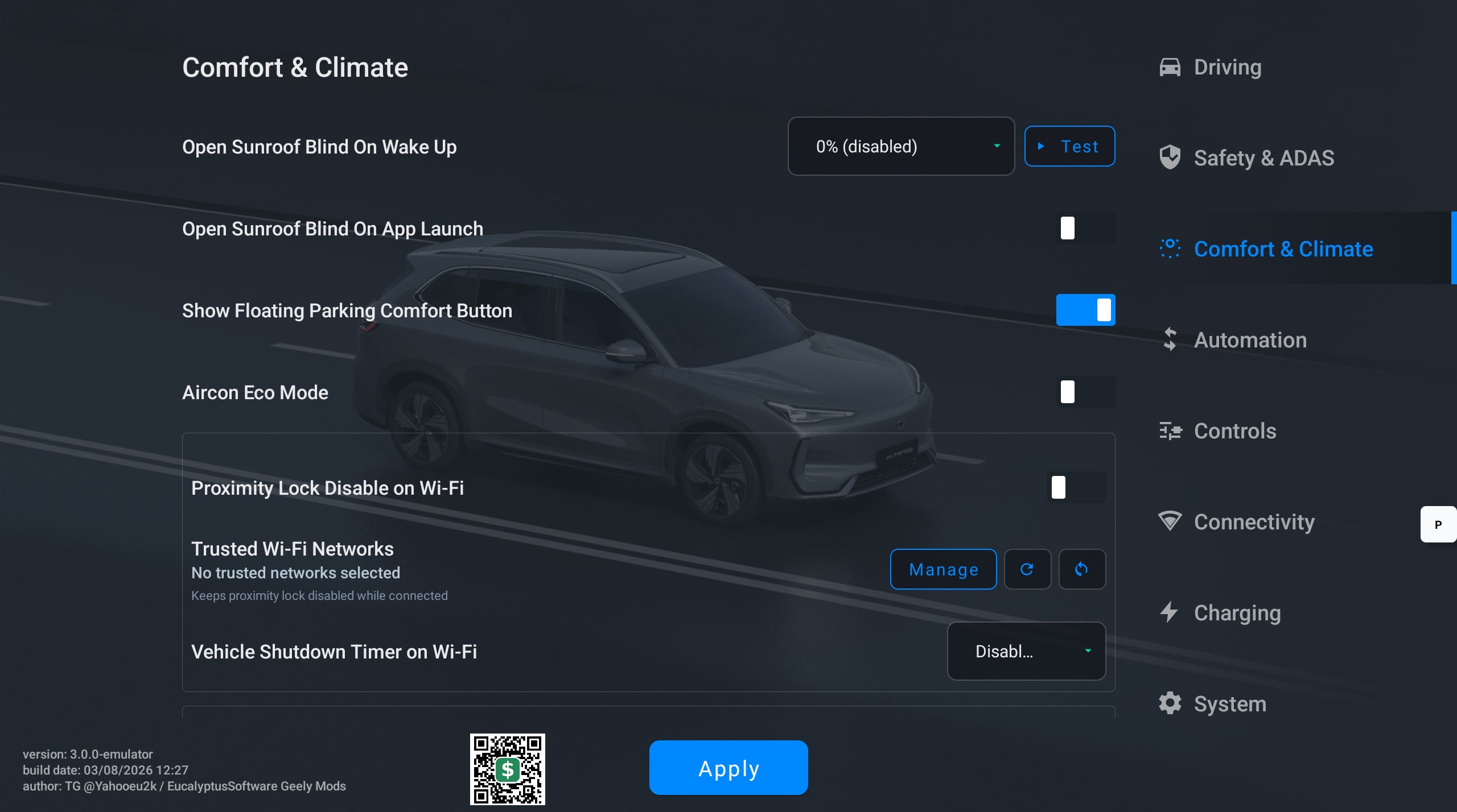 Geely Custom Profiles Comfort and Climate menu