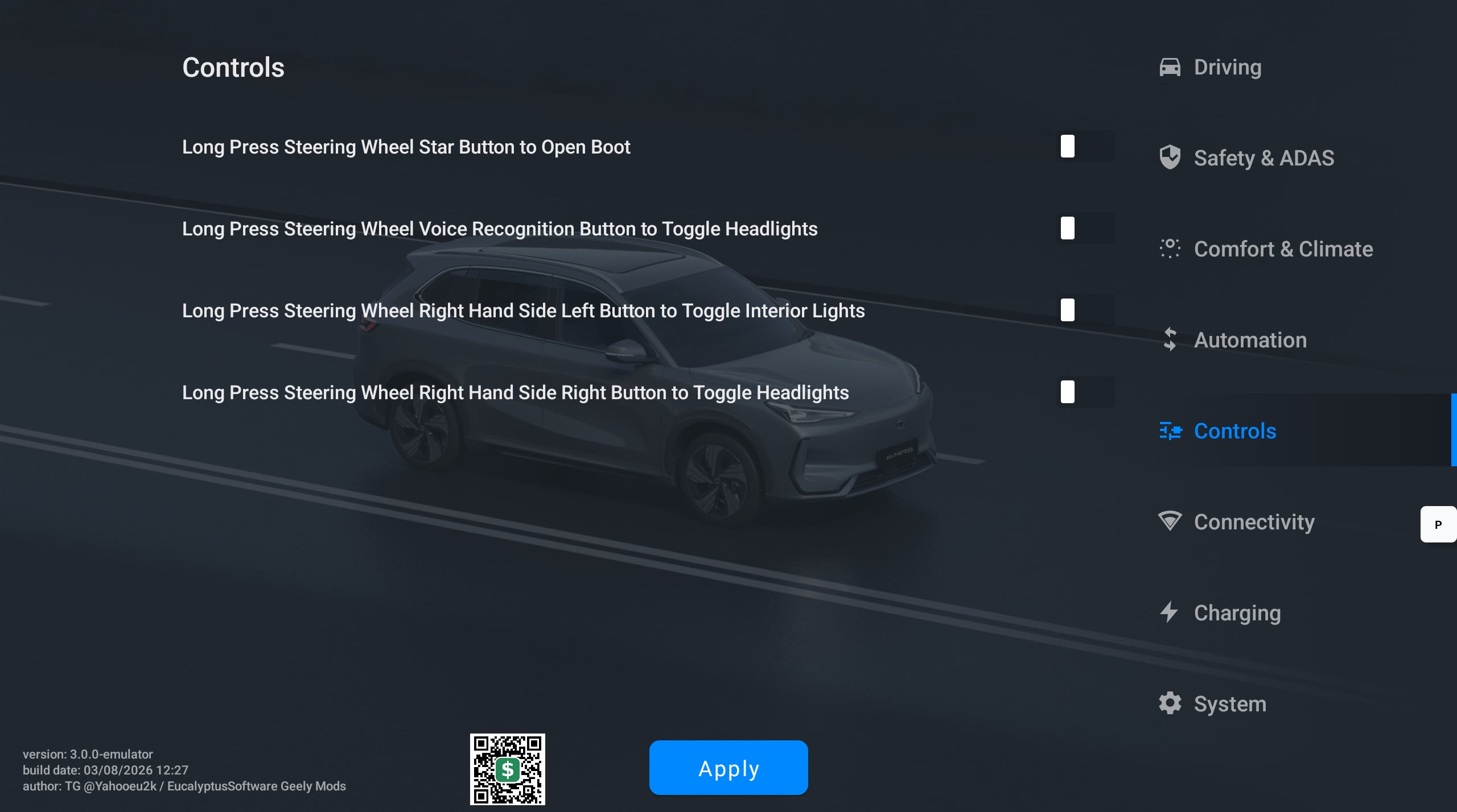 Geely Custom Profiles Controls menu