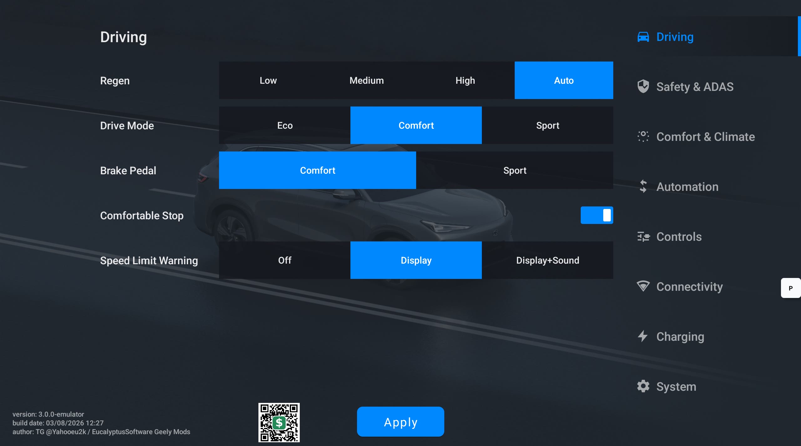 Geely Custom Profiles Driving menu