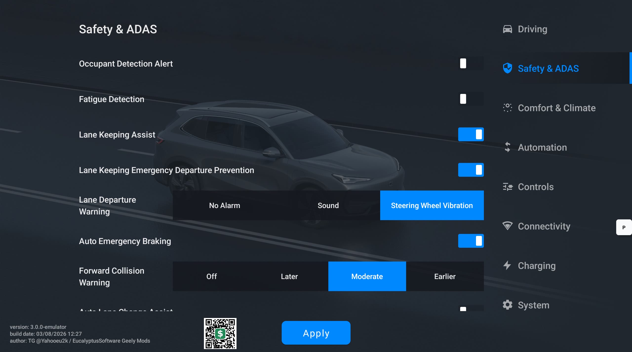 Geely Custom Profiles Safety and ADAS menu