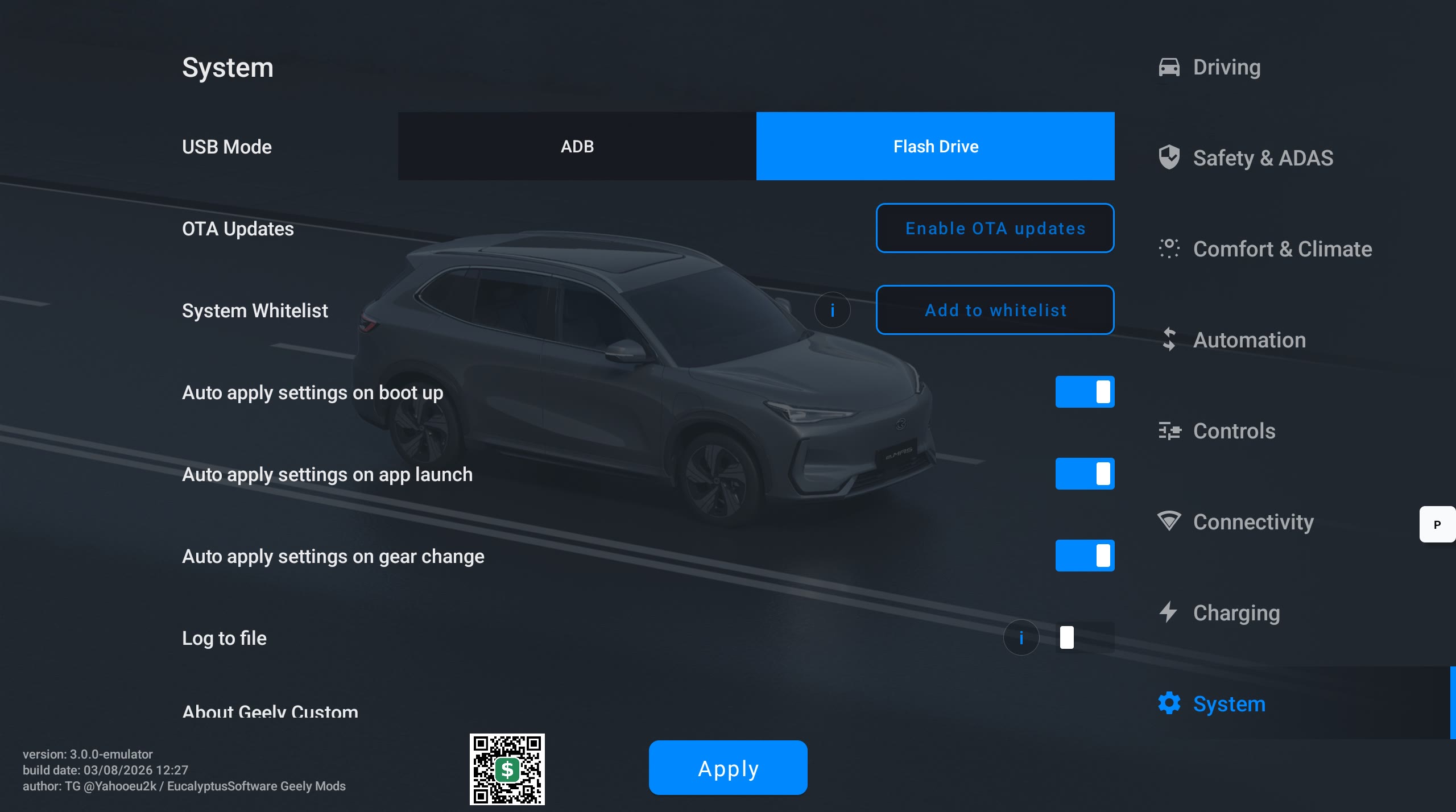 Geely Custom Profiles System menu